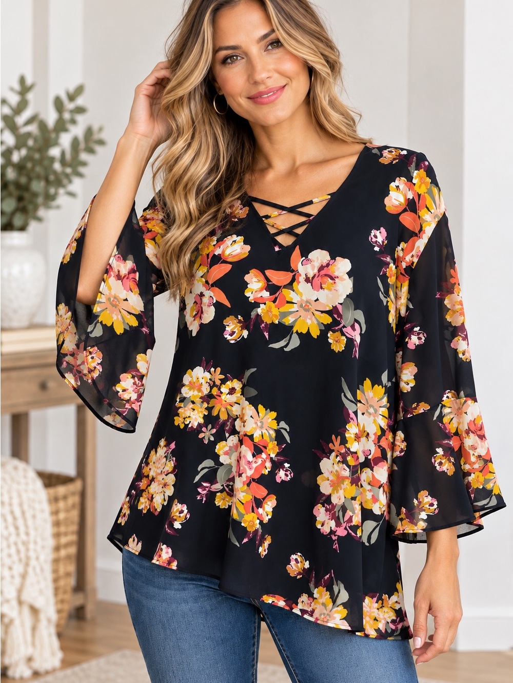 Van Heusen Black Floral Crisscross V-Neck Tunic Business Casual Boho Cottagecore